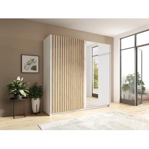 Kast met 2 schuifdeuren - Met spiegel - L200 cm - Wit en naturel - TINDANIA