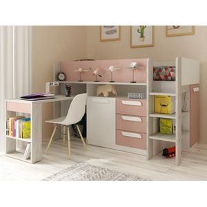 Hoogslaper 90 x 200 cm - Met bureau en opbergruimte - Roze, naturel en wit + matras - LOUKALA