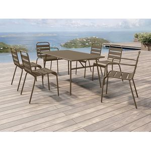Metalen tuinset - Een tafel van L160 cm met 2 stapelbare fauteuils en 4 stapelbare stoelen - Taupe - MIRMANDE van MYLIA