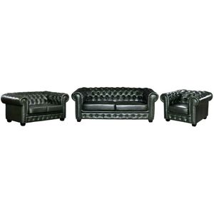 Driezits- en tweezitsbank en fauteuil Chesterfield BRENTON 100% buffelleer - Keizergroen