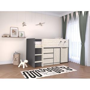 Combinatiebed 90 x 190 cm met bureau en opbergruimte - Kleuren: donkergrijs en vergrijsde houtlook + matras - SAGITI