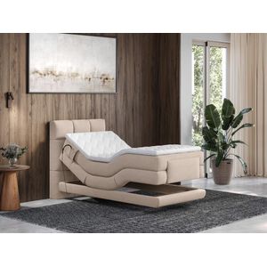 Complete boxspringset met gestoffeerd hoofdbord – Elektrisch verstelbare relaxbedbodems – Met matras – Met topmatras – 100 x 200 cm – Stoffen bekleding – Beige – LODI van PALACIO