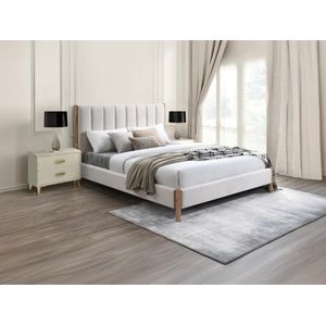 Bed 160 x 200 cm met hoofdeinde met verticale stiksels - Velours - Ivoorwit + matras - SIZAMA