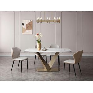 Verlengbare eettafel 6 plaatsen van keramiek en metaal - Wit marmereffect en goud - PORELIMA van Pascal MORABITO