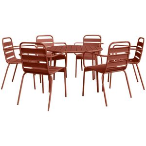 Tuineethoek van metaal - Een ronde tafel D130 cm en 6 opstapelbare fauteuils - Terracotta - MIRMANDE van MYLIA
