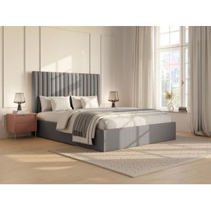 Bed met opbergruimte 180 x 200 cm met hoofdbord met verticale stiksels - Ribfluweel - Grijs - SARAH