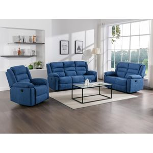 Elektrische driezits- en tweezits-relaxbank en -fauteuil van blauwe stoffen bekleding BUROLO