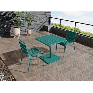 Tuineethoek van metaal - Een tafel D80 cm en 2 opstapelbare stoelen - Blauwgroen - MIRMANDE van MYLIA