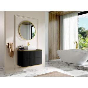 Zwevend, geribbeld badkamermeubel met goudkleurige randen en opzetwastafel - Zwart - 80 cm - KELIZA