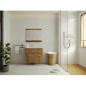 Zwevend badkamermeubel in donkere houtlook met enkele wastafel en spiegel - 60 cm - CLAUDIA II