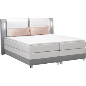 Boxspring met hoofdeinde en LEDs + bedbodem + matras + topmatras RIMINI van YSMÉE - 160x200cm - Stof en kunstleer - Grijs en Wit