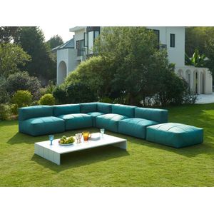 Moduleerbare tuinzithoek 6 plaatsen van stof: 4 fauteuils, 1 hoek, 1 poef en 1 salontafel - Groen - LIVAI van MYLIA