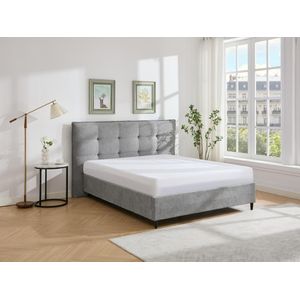 Bed 140 x 190 cm met hoofdbord met capitons - Stof - Grijs + matras - NIPRIO