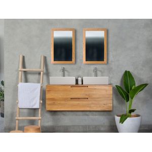 Hangende badkamerkast van licht teakhout met dubbele wastafel en spiegels - 2 lades - 115 cm - BIMBING