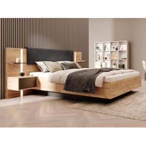 Bed met opbergruimte en nachtkastjes – 160 x 200 cm – Ledverlichting – houtlook en antraciet – Met matras — ELYNIA