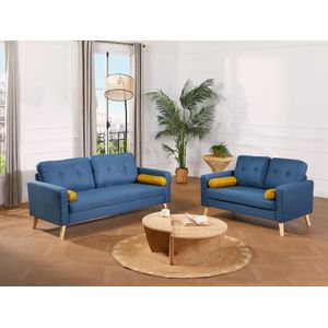TATUM - Driezitsbank - Blauw - Stof - Houten Poten