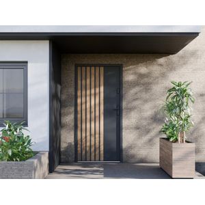 Voordeur van vol staal H207 x L100 cm - Zwart met ribbels met eikeneffect - Duwt links open - COBRITA