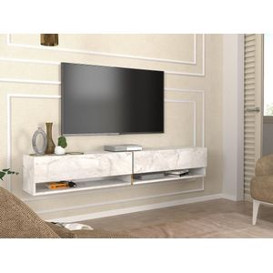 Zwevend tv-meubel met 2 deurtjes en 2 nissen - Witte marmerlook - NARISA