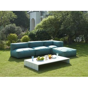 Moduleerbare tuinzithoek 4 plaatsen van stof: 2 fauteuils, 1 hoek, 1 poef en 1 salontafel - Groen - LIVAI van MYLIA