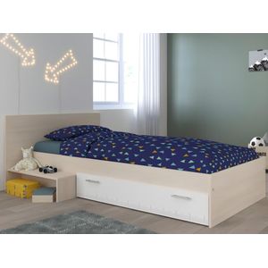 Kinderbed - 1 lade - 90 x 190 cm - Eikenkleur & wit + bedbodem + matras - IPLIA
