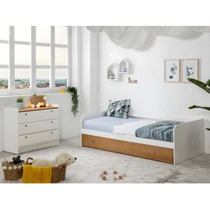 Onderschuifbed JULIETTE - 2 x 90 x 190 cm - MDF en kersenhout - Wit met matras