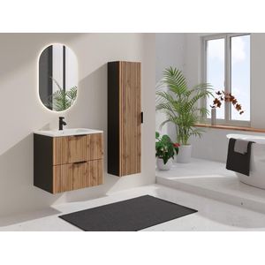Geribbeld badkamermeubel met inbouwwastafel en kolomkast - Licht naturel en zwart - 60 cm - MADELA