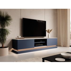 Tv-meubel met 2 lades en 2 nissen met ledverlichting - Mdf - Blauw met wit marmereffect - DEVIKA - van Pascal Morabito