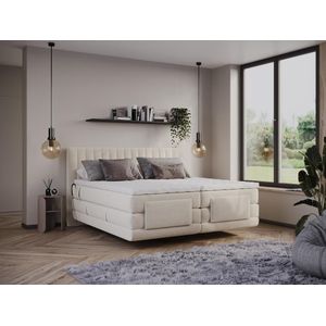 Complete set boxspringbed met hoofdbord met verticale stiksels + elektrische relaxbedbodems + matras + dekmatras - 2 x 80 x 200 cm - Velours - Beige - DONSI van PALACIO