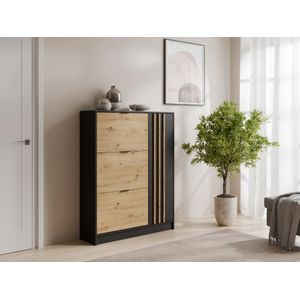 Schoenenkast met 1 deurtje en 3 openklappende compartimenten - Houtlook en zwart - JANAKIA
