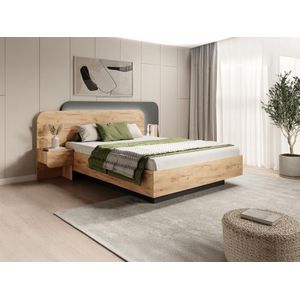 Bed met opbergruimte met nachtkastjes 160 x 200 cm - Met ledverlichting - Kleur: naturel en antraciet + matras - DESADO