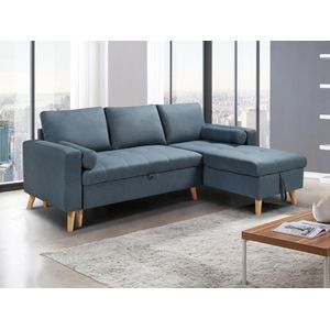 Vente-unique Omkeerbare hoekslaapbank van stof met opbergruimte - Eendenblauw - KORI L 225 cm x H 88 cm x D 146 cm