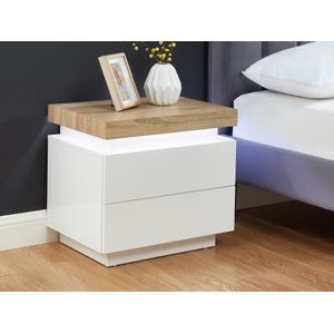 Set van 2 nachtkastjes - 2 lades - Gelakt mdf - Met ledverlichting - Kleur: wit en eiken - HALO II