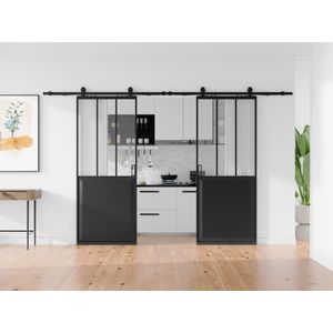 Dubbele hangende schuifdeur met opbouwsysteem - Zwart en gehard glas - 2 x H205 x L63 cm - ARTISTO II