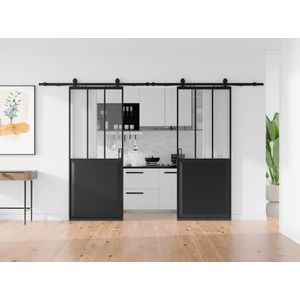 Dubbele hangende schuifdeur werkplaatsstijl - Zwart en gehard glas - 2 x H205 x L63 cm - ARTISTO II