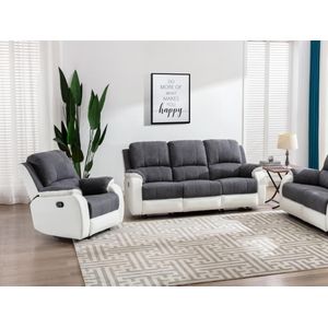 Driezits-relaxbank en -fauteuil van microvezel en grijs en wit kunstleer BRODY
