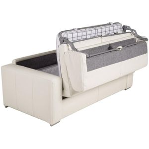 Snel omgebouwde slaapbank met 3 zitplaatsen in 100% wit buffelleer en een matras van 18 cm. DELECTEA II