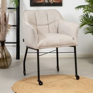 Eetkamerstoel met wieltjes Mace ribstof wit/beige