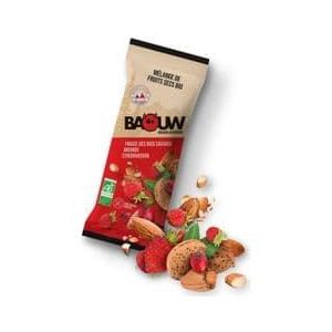 baouw biologische gedroogde fruitmix aardbei amandel roosbes 30g