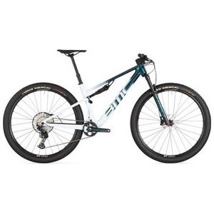 bmc fourstroke three volledig geveerde mtb shimano slx 12s 29  donker benzine blauw zand wit 2024