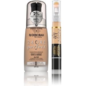 Deborah Milano Make-up-Set, flüssiges Make-up, 24 Stunden Perfect, SPF 20, N.02 True Beige, mit Hyaluronsäure, 30 ml und Concealer Instant Lift, Nr. 3.1 Nude, beleuchteter und Anti-Falten-Effekt, 4,2