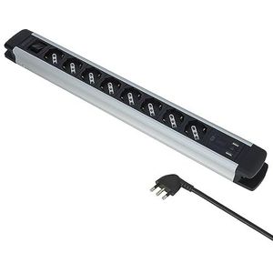 Electraline 61922 Alu-Line Mehrfachsteckdose, 8 Steckdosen, vielseitig, Schuko +10/16 A + 3 USB (2 USB A 3.0 A + 1 USB C 20 W Power Delivery) mit beleuchtetem EIN-/Ausschalter, 2 m, mit
