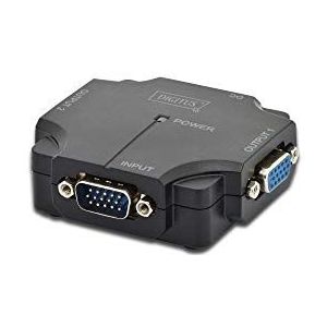 DIGITUS Professional VGA Splitter, 2-Port, Plastikgehäuse, 350 MHz, HDSUB 15/M - 2x HDSUB 15/F, Max. Auflösung 1920x1080 Pixel, schwarz