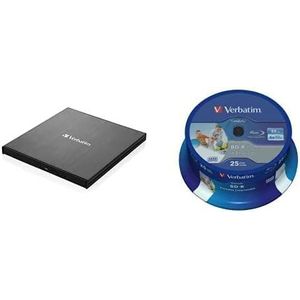 Verbatim Externer Slimline Blu-ray-Writer, USB 3.0-Anschluss, Blu-ray-Player, Kompakter externer Blu-ray-Brenner für große Backups, inkl. 25er Spindel Datalife Blu-ray 25GB