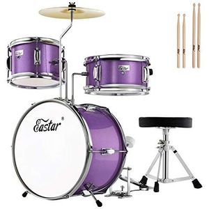 Eastar Schlagzeug Kinder für 3-10 Jahre, Schlagzeug Set 14"" 3-teilig mit Snare, Tom, Bass Drum Pedal, Thron, Becken und Drumsticks, Metallisch Lila
