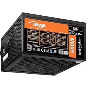 Akyga ATX Netzteil 600W AK-C2-600 Semi-Modular P4+4 2X PCI-E 6+2 pin 5X SATA 3X Molex Fan 12cm 80 Plus