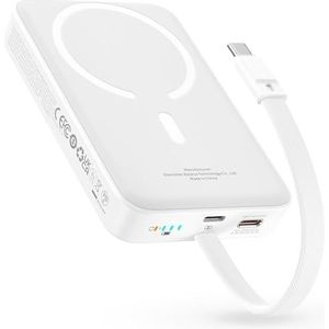 Baseus Magsafe Powerbank PD 30W, 10000mAh Magnetische Externe Batterie mit Integriertem USB-C Kabel (EIN/Aus) für iPhone 15/14/13/12 Serie, Mini Power Bank, Klein Aber Leistungsstark, Weiß