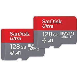SanDisk Ultra microSDXC UHS-I-Speicherkarte 128 GB + SD-Adapter 2er-Pack (Für Smartphones und Tablets, A1, Class 10, U1, Full HD-Videos, bis zu 140 MB/s Lesegeschwindigkeit) 10 Jahre Garantie