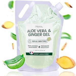 Aloe Vera & Ingwer Gel – Feuchtigkeitsspendend, Straffend & Erfrischend – Mit Frischblatt-Aloe aus biologischem Anbau in Spanien – Für Gesicht, Körper & Haare – After-Sun, Beine, Rasur (5000 ml)