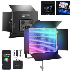 NEEWER 150W RGB LED Panel Videolicht Set mit Barn Doors, 1800 LED, 42500Lux bei 0,5m, 2500–10000K, CRI96+/TLCI97+, 0,0%–100% Dimmen, APP/2,4 G/Panel/DMX Steuerung für Profi Studiobeleuchtung, AP150C