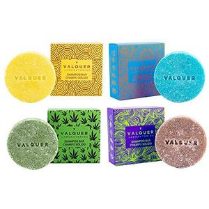 Valquer Pack Exotische feste Shampoos (Heidelbeere und Avocado, Orange und Papaya sowie Zimt, Cannabis), vegan, 93% natürlichen Ursprungs, abfallfrei – 4 Einheiten x 50 g
